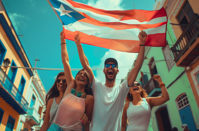Boricuas felices con bandera de Puerto Rico
