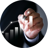 hand with a pen drawing a bar chart growth results. 