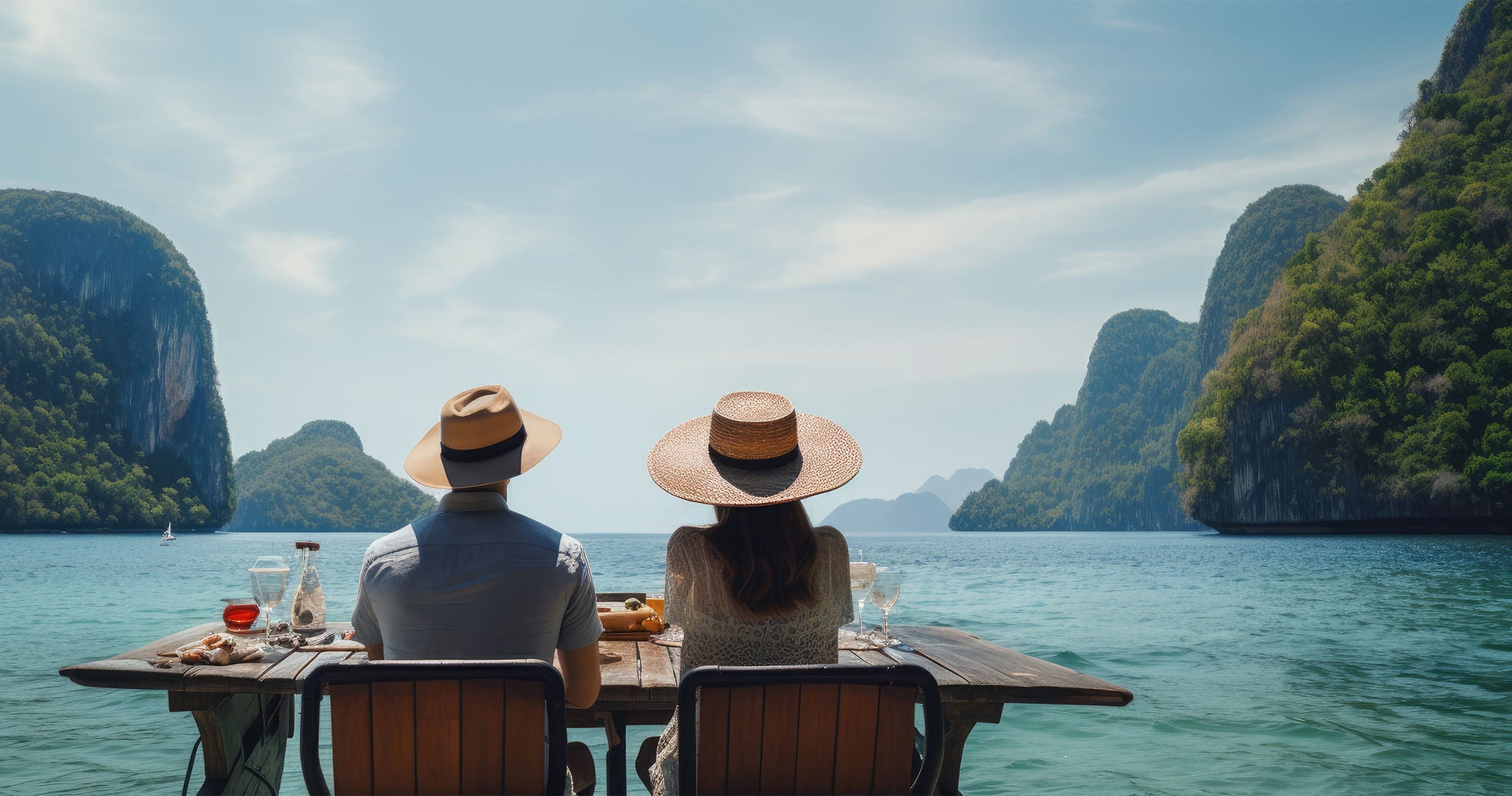pareja en una mesa comiendo con vista al mar