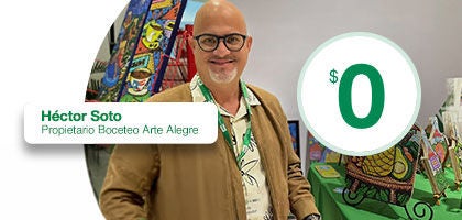 Banner promocional que muestra a una persona frente a una obra de arte colorida. Una etiqueta muestra el nombre “Héctor Soto” y un gráfico circular con el número “0” aparece en el lado derecho.