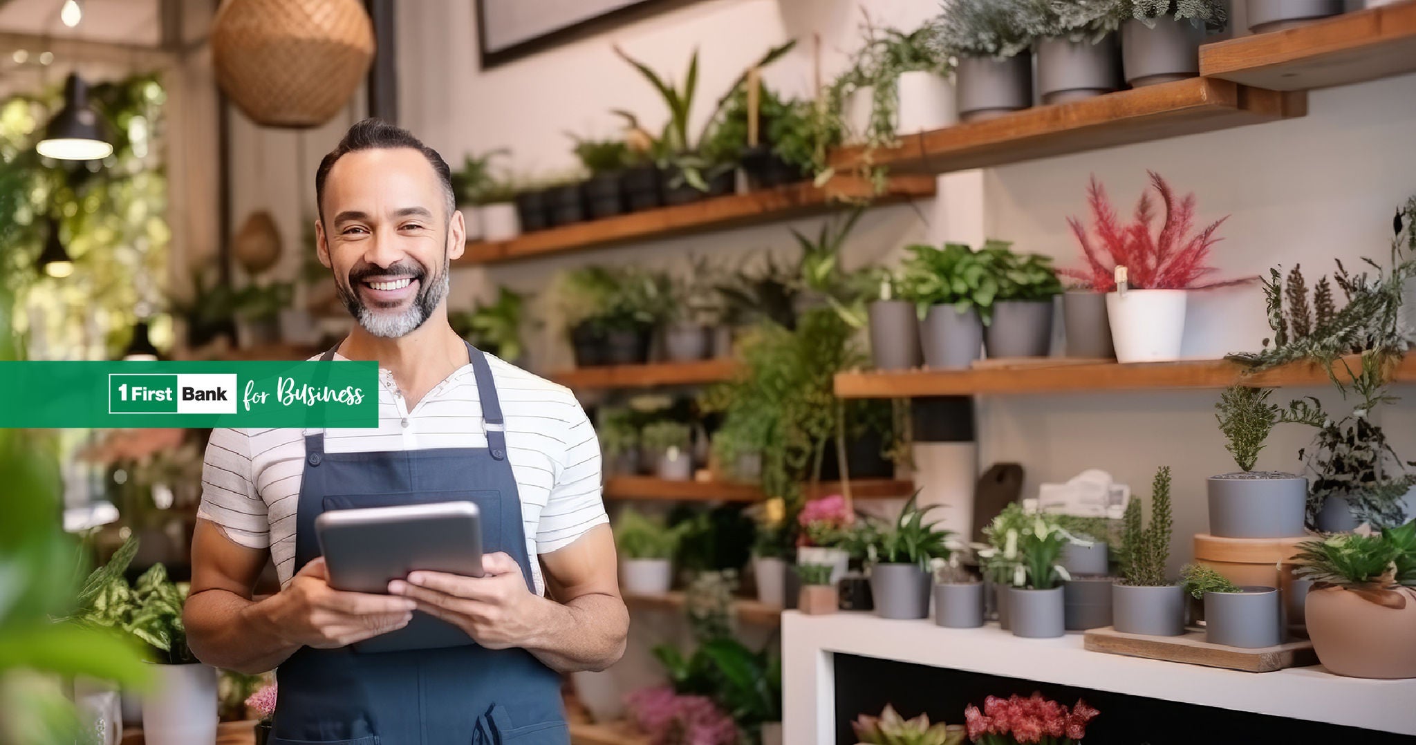 businessman smilig with tablet on hand