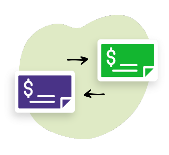 Drawing of two checks being exchanged with each other.