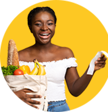 Girl with market bag and bill in hand