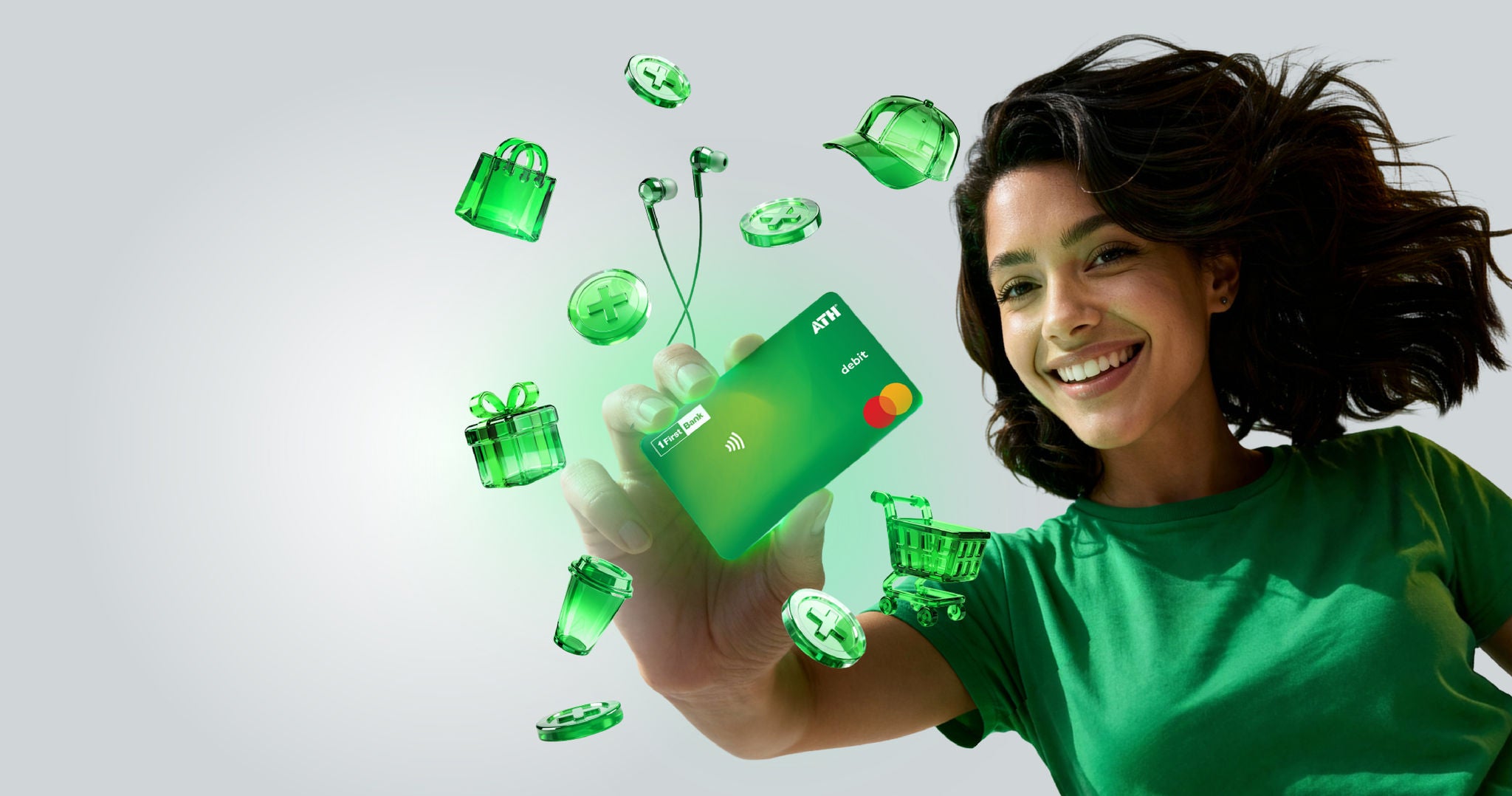 Mujer con tarjeta de debito FirstBank y iconos de compras y  premios