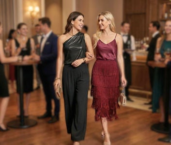 Dos personas en un evento elegante, usando conjuntos de moda: un jumpsuit negro de un solo hombro y una falda de volantes con blusa satinada.