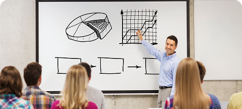 Person in front of a chart giving a financial class