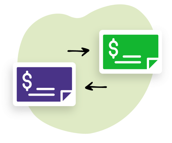 Drawing of two checks being exchanged with each other.