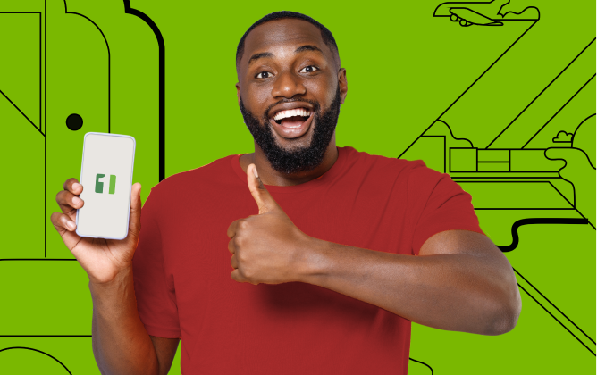 Man showing phone with raised thumb