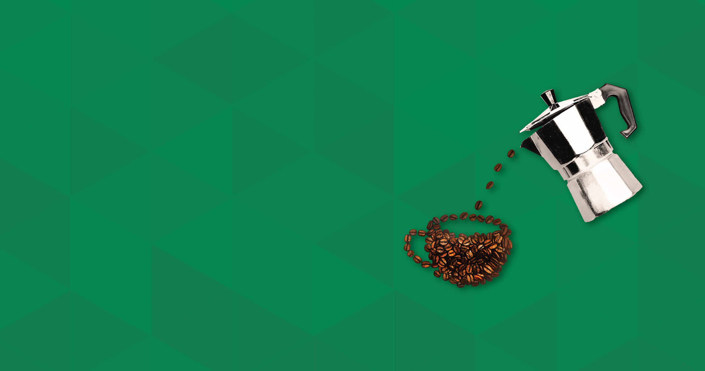 A silver Moka pot pouring out coffee beans that are forming a cup shape on a green background.