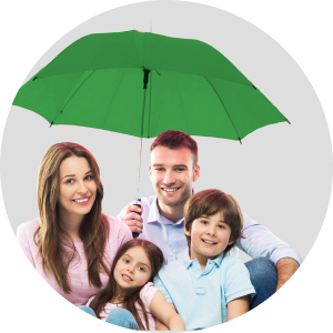 Family of four beneath a green umbrella
