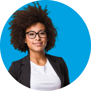 Woman in black jacket, glasses and blue background