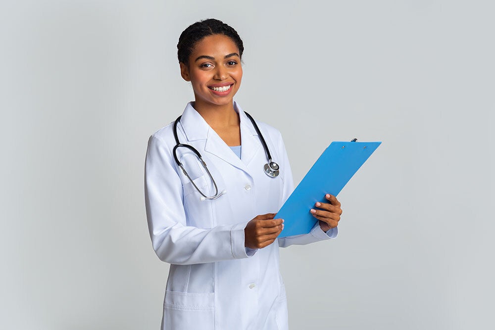 Female doctor with blue folder