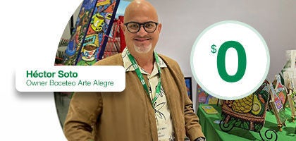 Promotional banner showing a person standing in front of colorful artwork. A label displays the name “Héctor Soto” and a circular graphic with the number “0” appears on the right side.