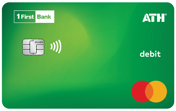 Tarjeta Mastercard Débito FirstBank verde.