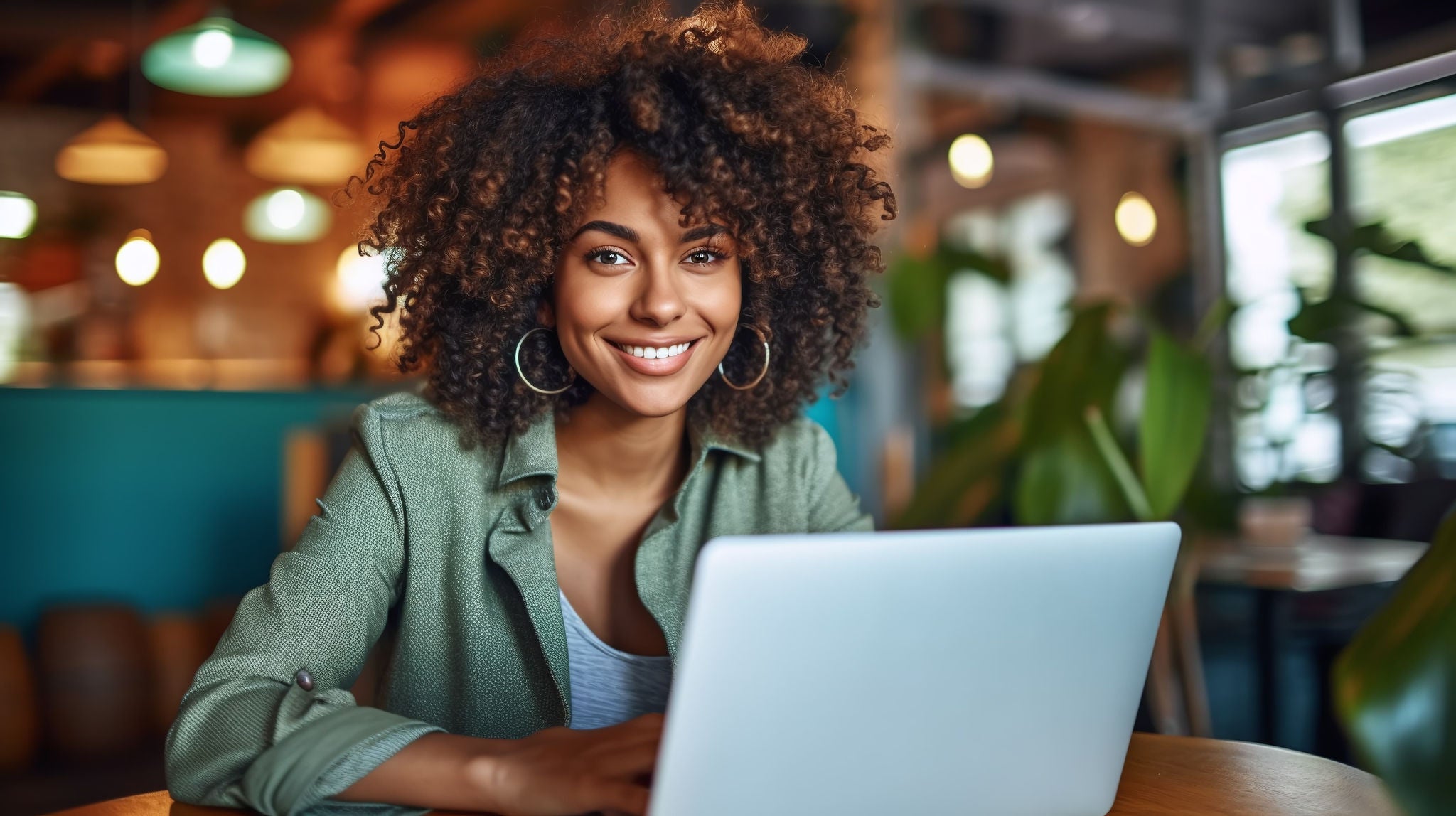 Woman smiling  with a computer