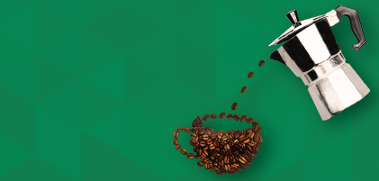 A silver Moka pot pouring out coffee beans that are forming a cup shape on a green background.