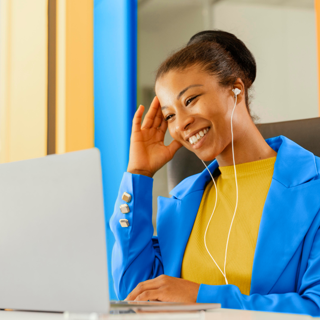 Woman smiles on computer call